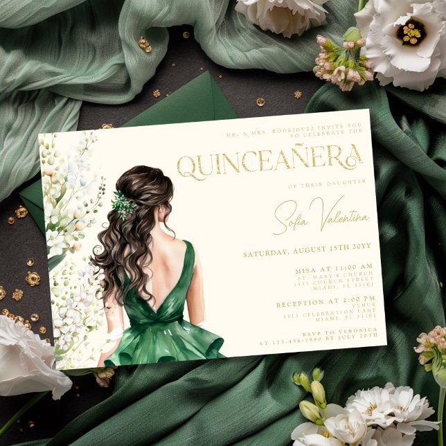 Invitation Quinceañera Emerald Green Robe Floral Brunette (Quinceañera Emerald Green Dress Floral Brunette Invitation)