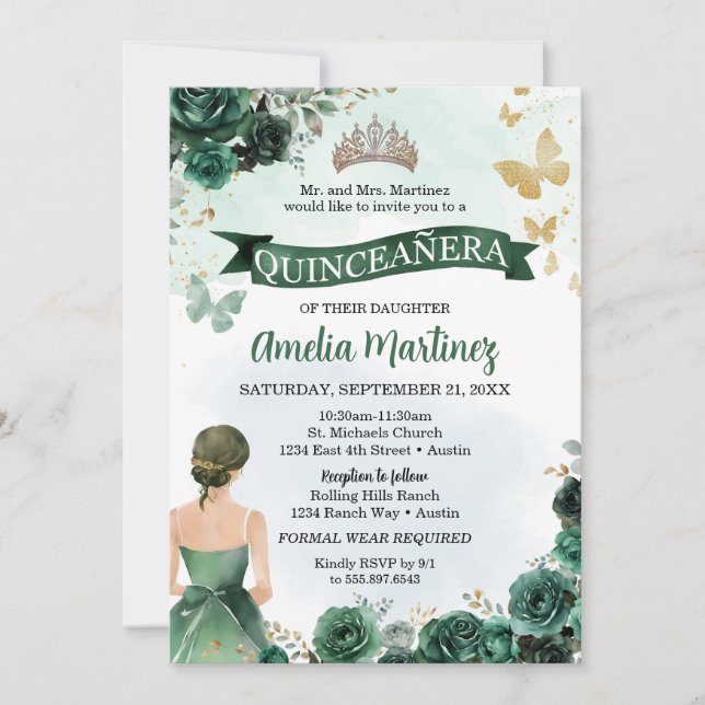 Invitation Quinceanera Emerald Green Robe Papillon Or (Devant)