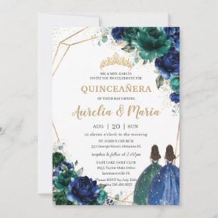 Invitation Quinceañera Emerald Green Royal Blue Floral Twins