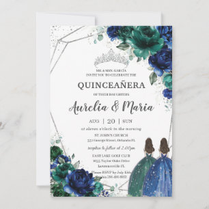 Invitation Quinceañera Emerald Green Royal Blue Floral Twins