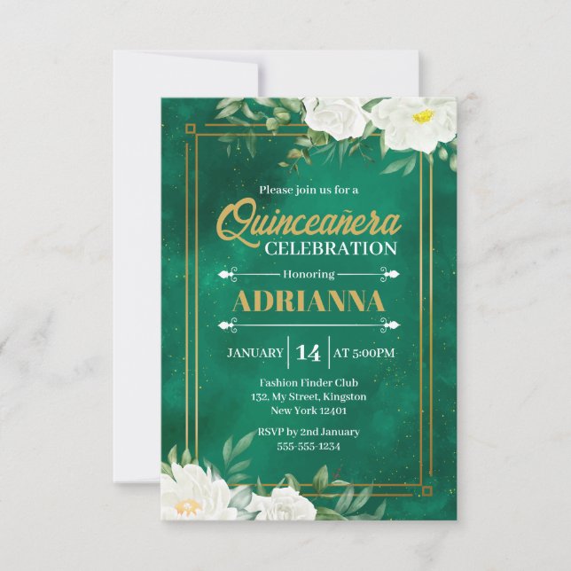 Invitation Quinceanera Emerald Vert Aquarelle Blanc Floral (Devant)