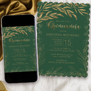 Invitation Quinceañera Émeraude et Feuilles Dorées Élégantes