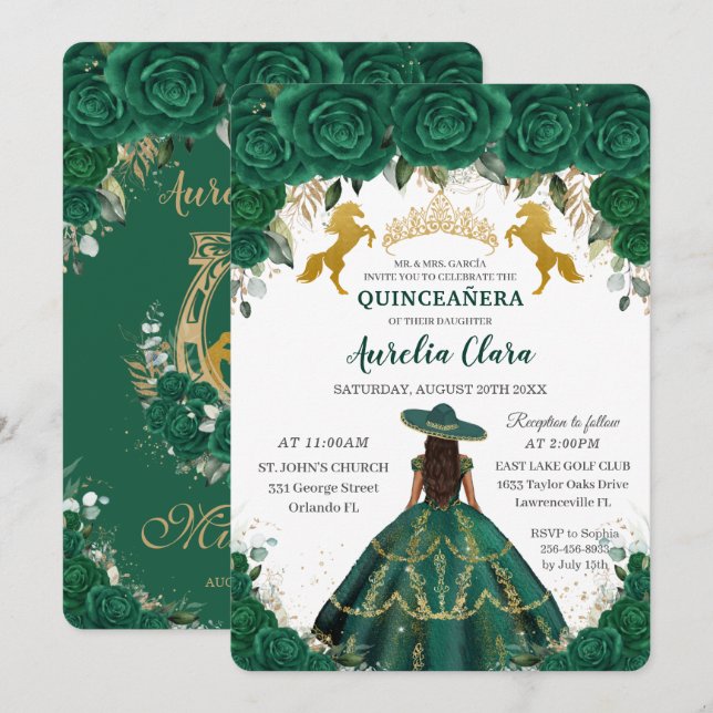 Invitation Quinceañera Émeraude Florale Princesse Chevaux en  (Devant / Derrière)