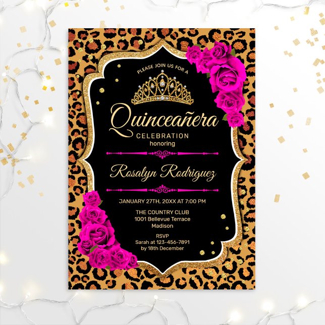 Invitation Quinceanera - Empreinte de léopard Gold Rouge rose (Créateur téléchargé)