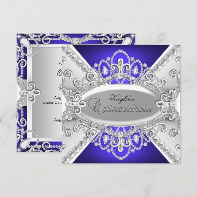 Invitation Quinceanera en argent et diamants bleus (Devant / Derrière)