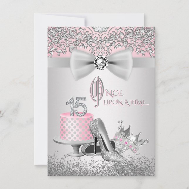 Invitation Quinceanera en argent rose princesse fête d'annive (Devant)