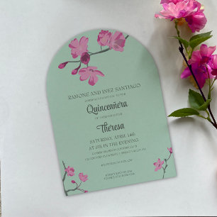 Invitation Quinceanera en fleurs de cerisier rose et menthe v