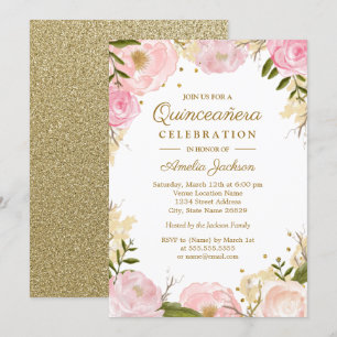 Invitation Quinceanera en or rose floral étincelant