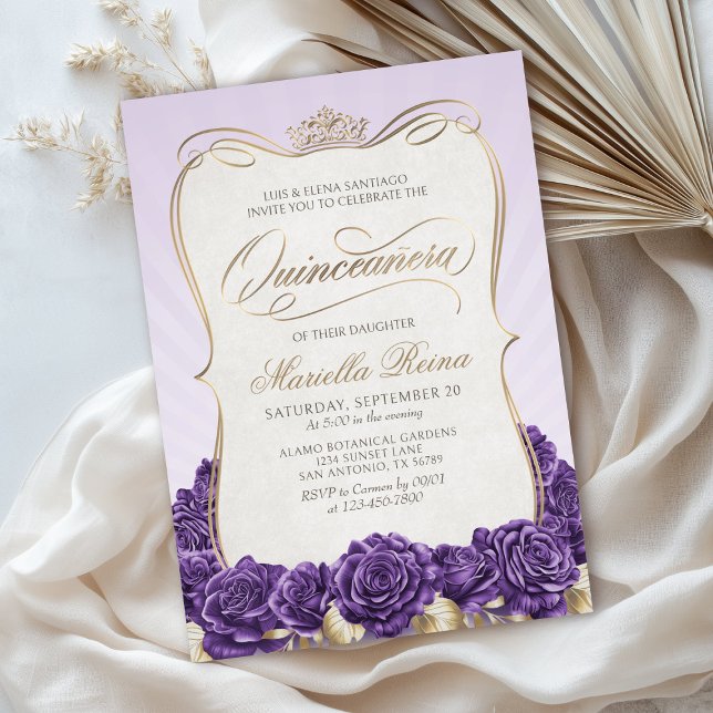 Invitation Quinceañera en or violet (Créateur téléchargé)