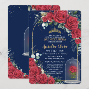 Invitation Quinceañera Enchantée Rose rouge floral bleu marin