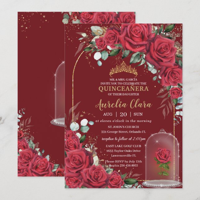 Invitation Quinceañera Enchantée Rose rouge Florale Princesse (Devant / Derrière)