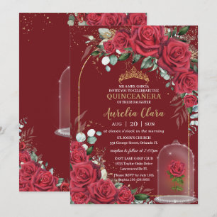 Invitation Quinceañera Enchantée Rose rouge Florale Princesse