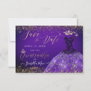 Invitation Quinceanera Enregistrer la date Purple Gliter Gown