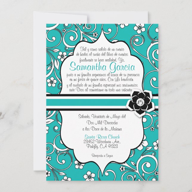 Invitation Quinceañera espagnole bleue et noire (Devant)