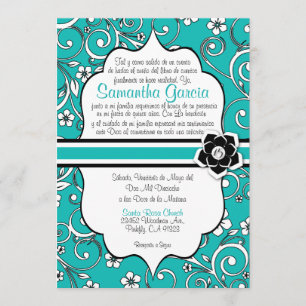 Invitation Quinceañera espagnole bleue et noire