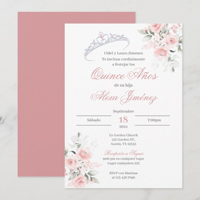 Invitation Quinceanera espagnole Floral rose (Devant / Derrière)