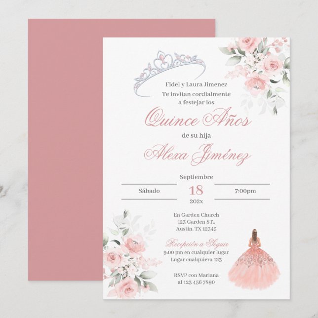 Invitation Quinceanera espagnole Floral rose (Devant / Derrière)