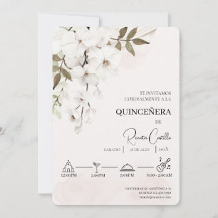 Invitation quinceañera espagnole florale blanche