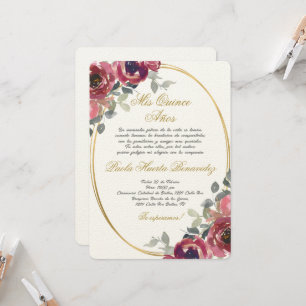 Invitation Quinceanera espagnole florale bordeaux