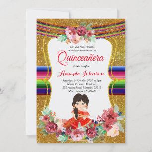 Invitation Quinceañera espagnole rouge et or anniversaire