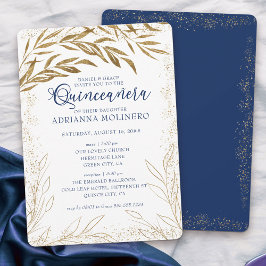 Invitation Quinceanera et Mass Luxe Royal Blue Gold Feuilles