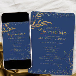 Invitation Quinceanera et Masse Royal Blue et Gold Leaf