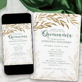 Invitation Quinceanera et messe Elegant Feuilles vert et or