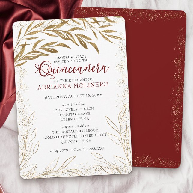 Invitation Quinceanera et messe Feuilles de luxe rouge et or (Elegant invitation to Quinceanera & church blessing white, red and gold from my Gold Leaf Collection)
