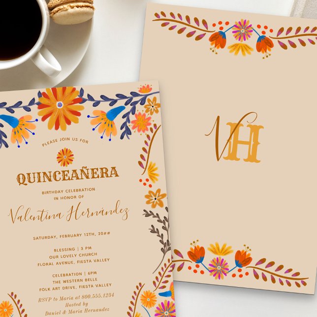 Invitation Quinceanera et messe occidentale florale mexicaine (Quince's monogram on the back)