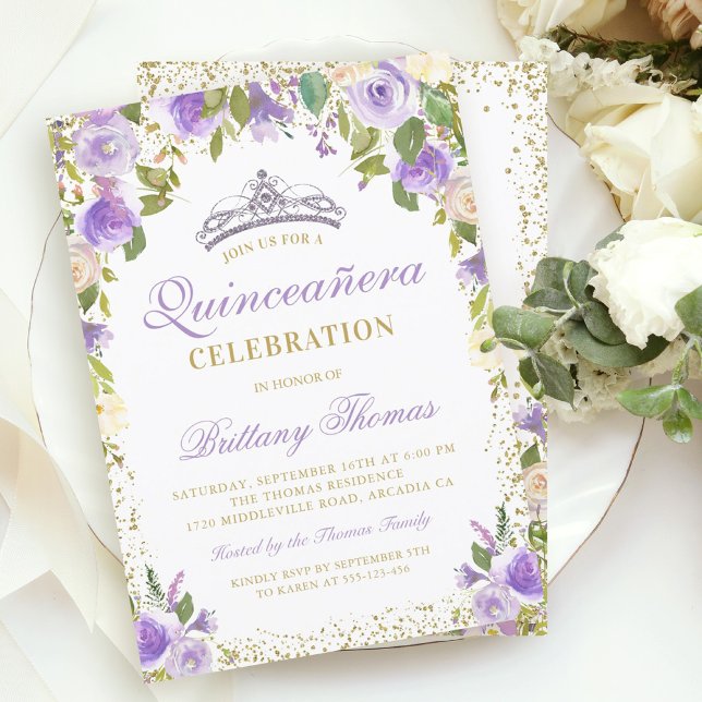 Invitation Quinceanera, étincelle florale violette 15e annive (Créateur téléchargé)