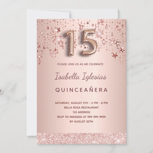 Invitation Quinceanera étoiles rose or rose (Devant)
