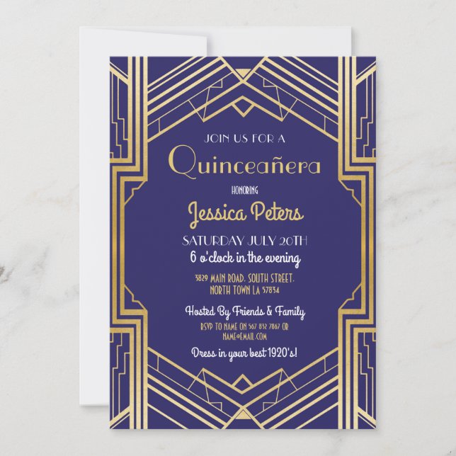 Invitation Quinceanera Fête Anniversaire Gatsby Art Déco Invi (Devant)