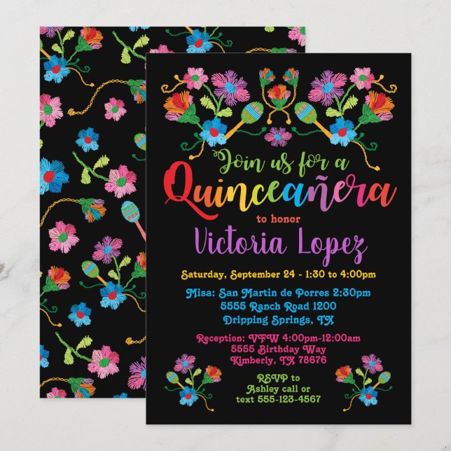 Invitation Quinceañera fête d'anniversaire avec broderie (Devant / Derrière)