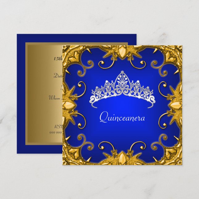 Invitation Quinceanera fête d'anniversaire Bjue Gold White Ti (Devant / Derrière)