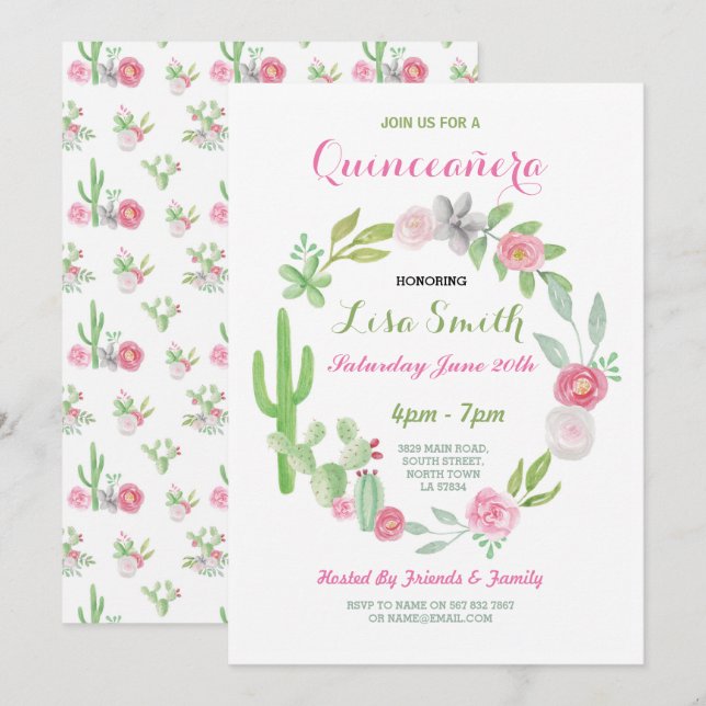 Invitation Quinceanera fête d'anniversaire Fiesta Cactus Invi (Devant / Derrière)
