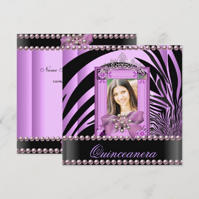 Invitation Quinceanera fête d'anniversaire Zebra Lilac Pearl (Devant / Derrière)