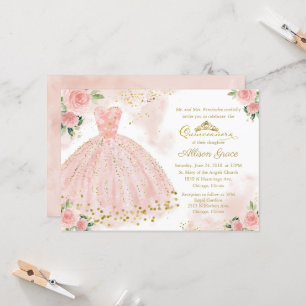 Invitation Quinceanera Feuille D'Or Robe Rose Pâle