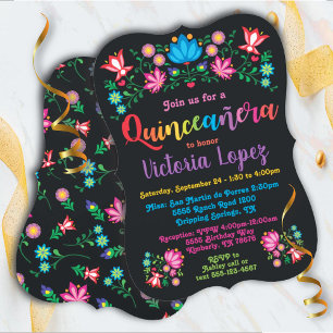 Invitation Quinceañera Fiesta fête d'anniversaire fleurs folk