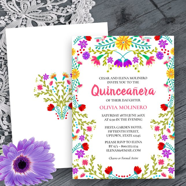 Invitation Quinceanera Fiesta mexicaine Floral 15e anniversai (Quinceanera Invitation from my Mexican Fiesta Flowers Quinceanera Collection -printed or digital)