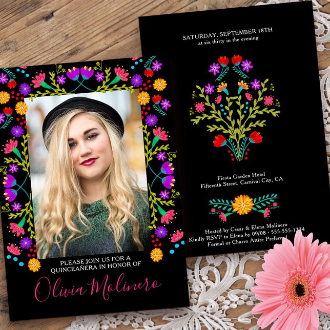 Invitation Quinceanera Fiesta mexicaine Florale Black Photo (Quinceanera invitation with photo from my Mexican Fiesta Floral collection
)