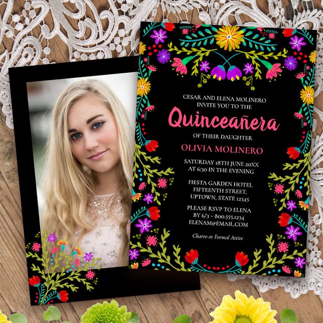 Invitation Quinceanera Fiesta mexicaine Florale Black Photo (Quinceanera invitation with photo, from my Mexican Fiesta Floral collection
)