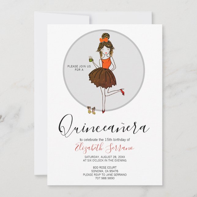 Invitation Quinceanera Fille En Robe De Fête (Devant)