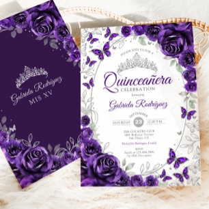 Invitation Quinceanera Fleur Florale Argent Violet