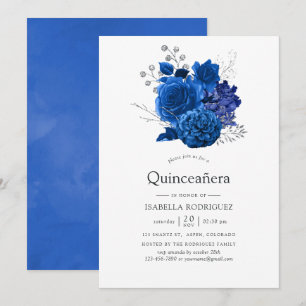 Invitation Quinceañera Fleurie Bleu Royal et Argent