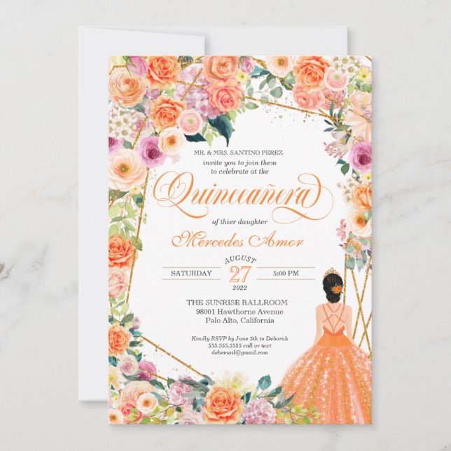 Invitation Quinceanera fleurie estivale de roses roses orange (Devant)