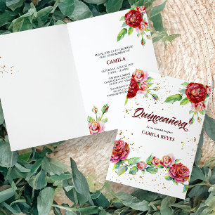 Invitation Quinceanera Fleurs Anciennes Roses Rouges Roses et