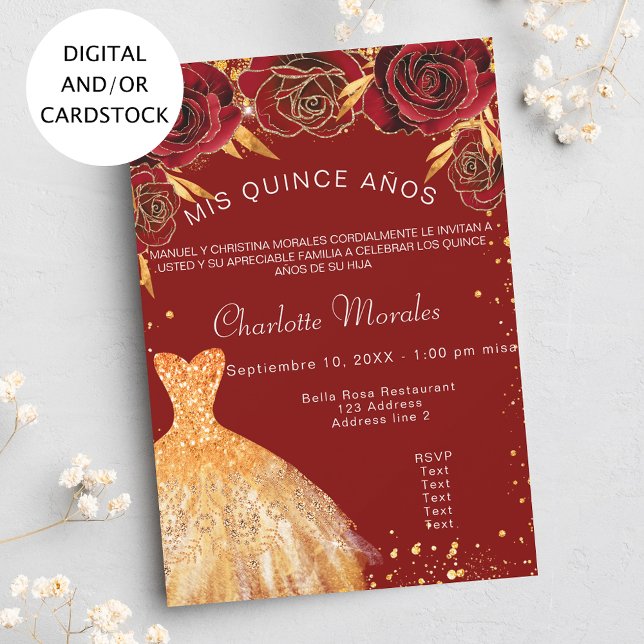 Invitation Quinceanera fleurs de robe rouge or (Créateur téléchargé)