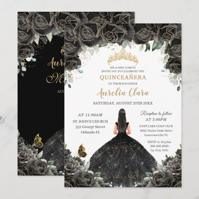 Invitation Quinceañera Fleurs florales noires Robe de fille O (Devant / Derrière)