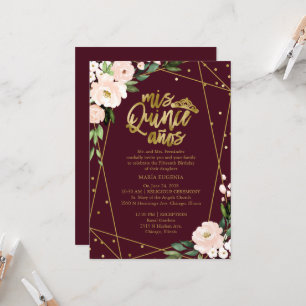 Invitation Quinceanera Fleurs Gold Burgundy Blush