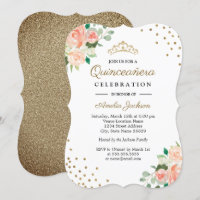 Invitation Quinceanera Fleurs Or Abricot Confettis